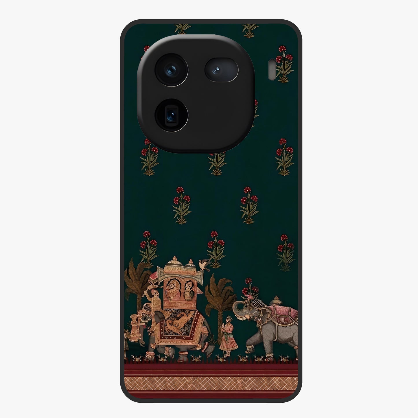 Macmerise Glass Case showing flat back view with stylish modern artwork and glossy glass finish.