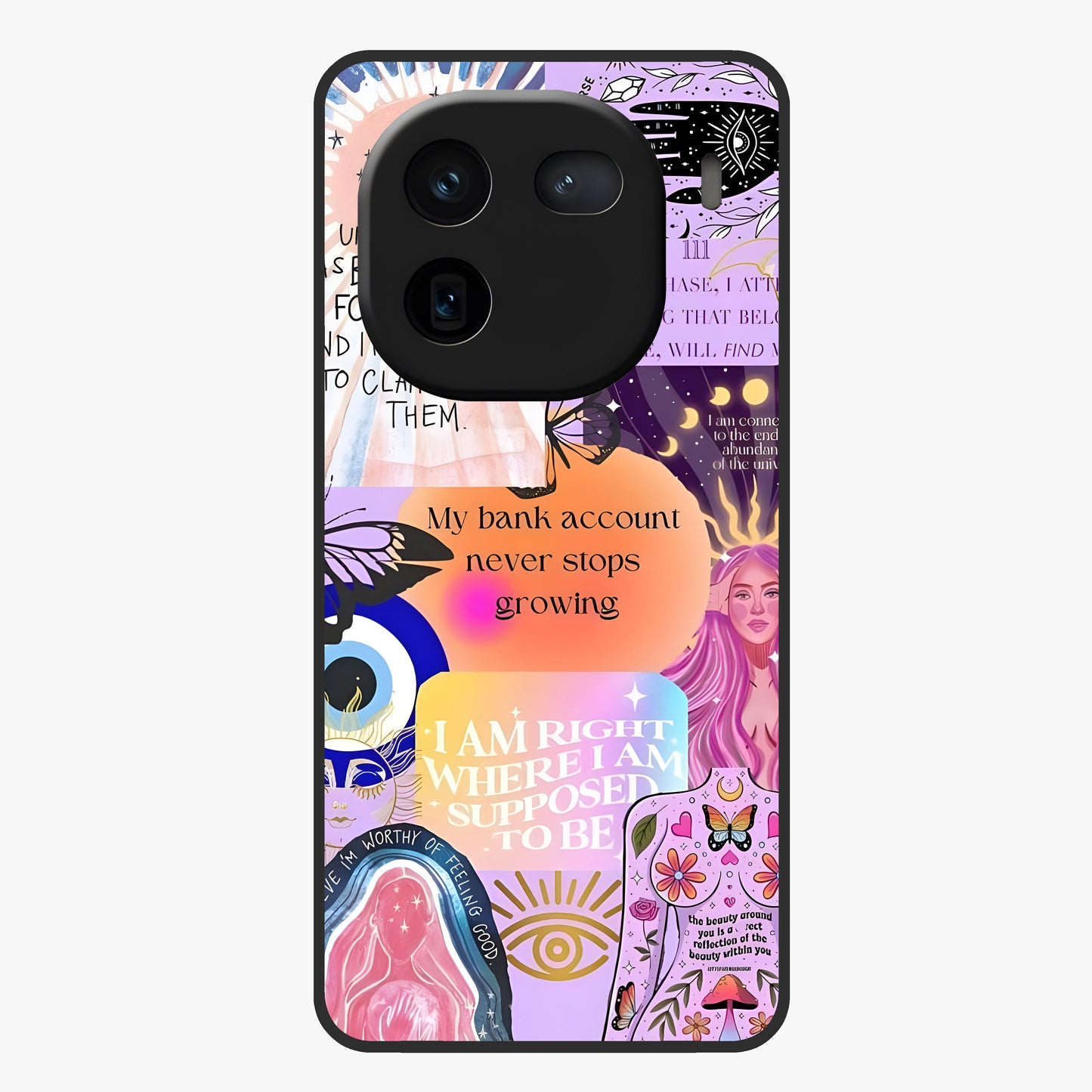 Manifestation Collage Glass Case showing flat back view with motivational collage artwork and glossy glass finish.