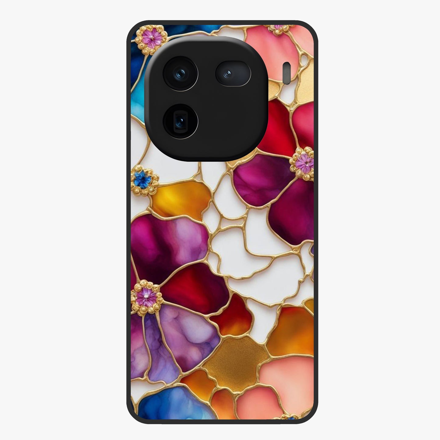 Marble Flower Pattern Glass Case showing flat back view with marble texture floral artwork and glossy glass finish.