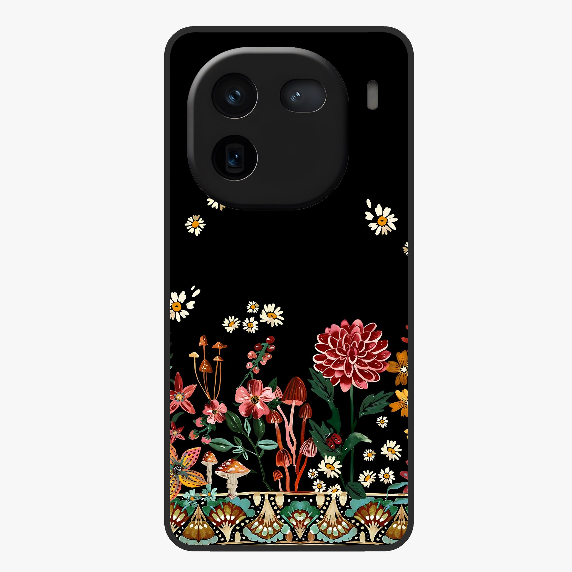 Midnight Bloom Pattern Glass Case showing flat back view with dark floral pattern artwork and glossy glass finish.