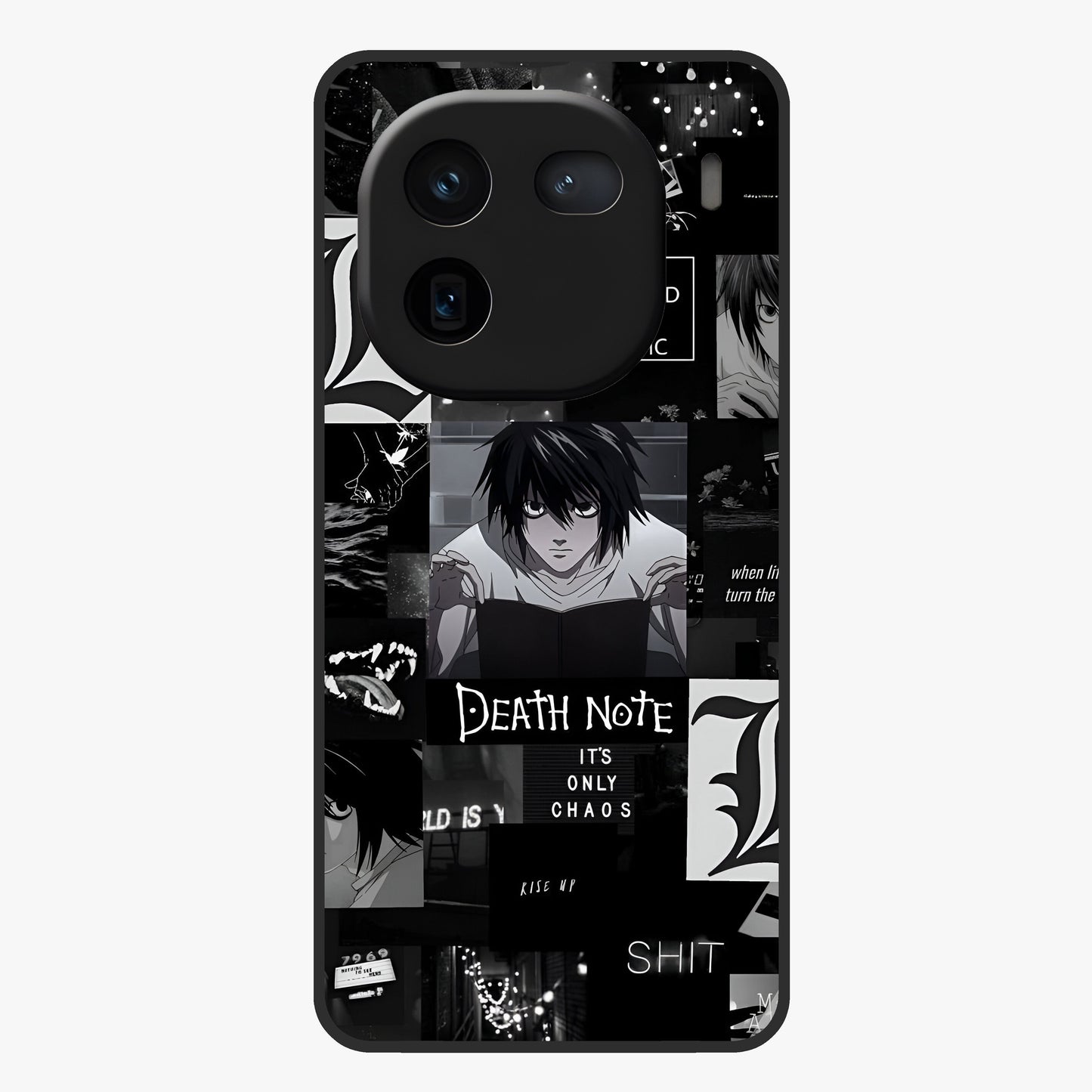 Midnight Chaos Mind Glass Case showing flat back view with abstract dark themed artwork and glossy glass finish.