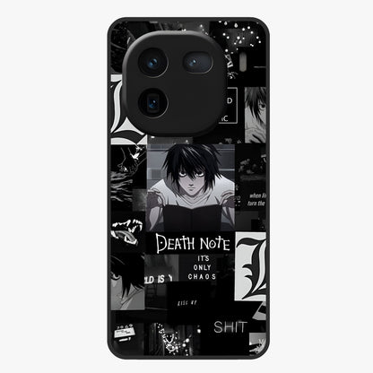 Midnight Chaos Mind Glass Case showing flat back view with abstract dark themed artwork and glossy glass finish.