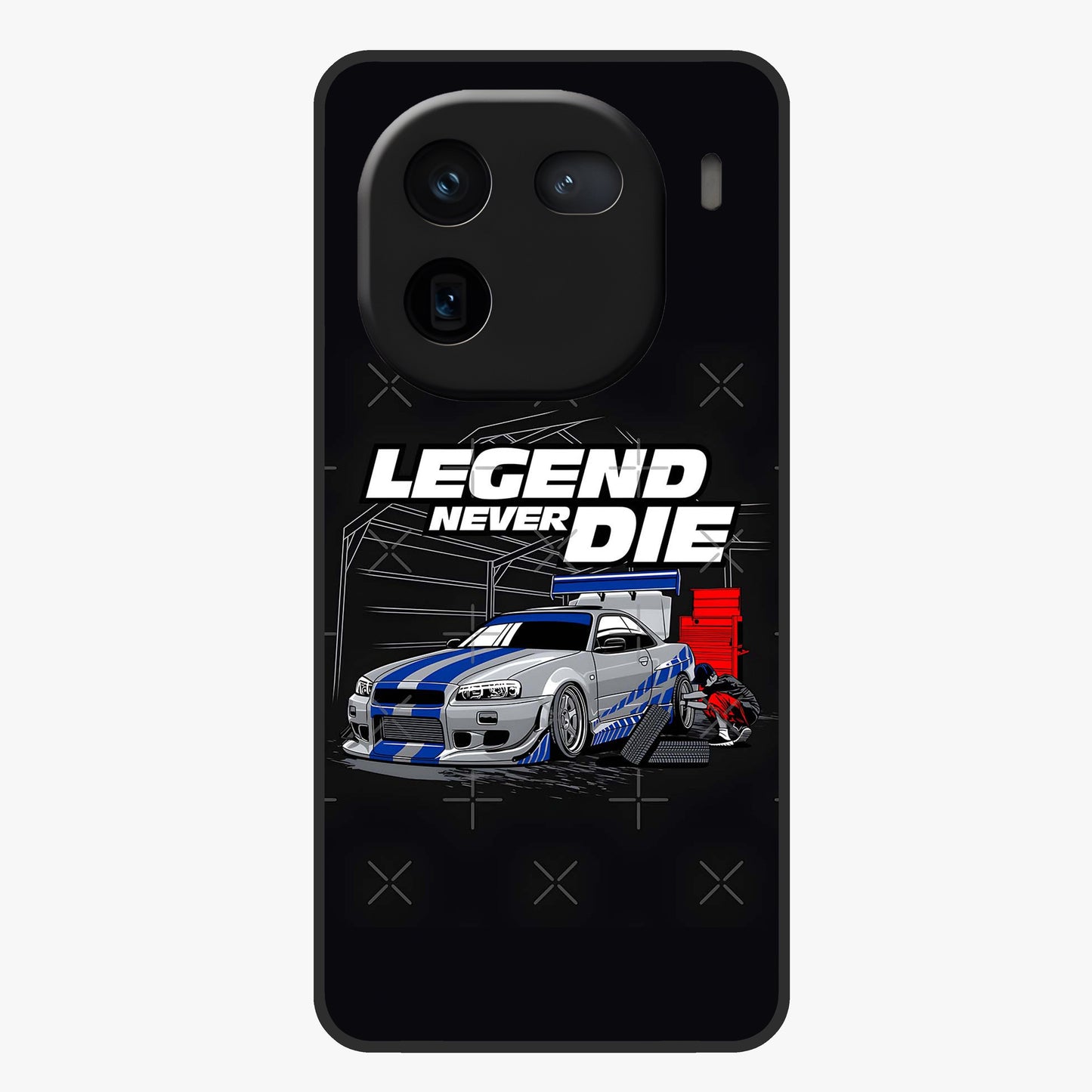 Midnight Racing Legacy Glass Case showing flat back view with sleek racing inspired artwork and glossy glass finish.