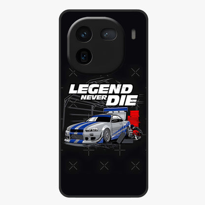 Midnight Racing Legacy Glass Case showing flat back view with sleek racing inspired artwork and glossy glass finish.