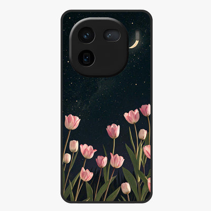 Midnight Tulip Whispers Vibe Glass Case showing flat back view with elegant tulip flower artwork and glossy glass finish.