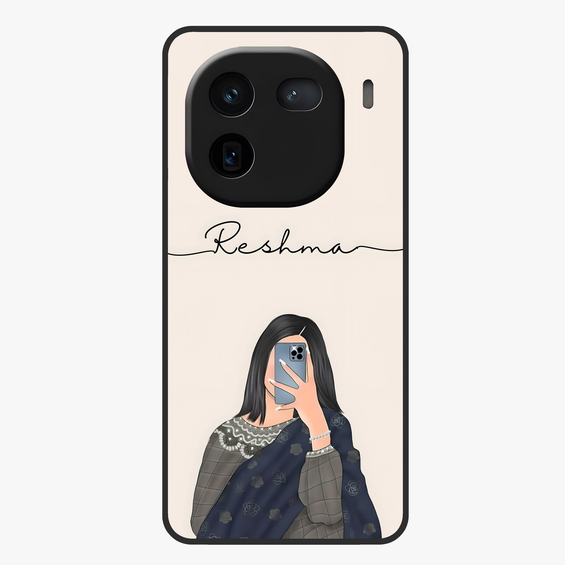 Mirror Mood Muse With Custom Name Glass Case showing flat back view with stylish mirrored artwork and personalized name design.