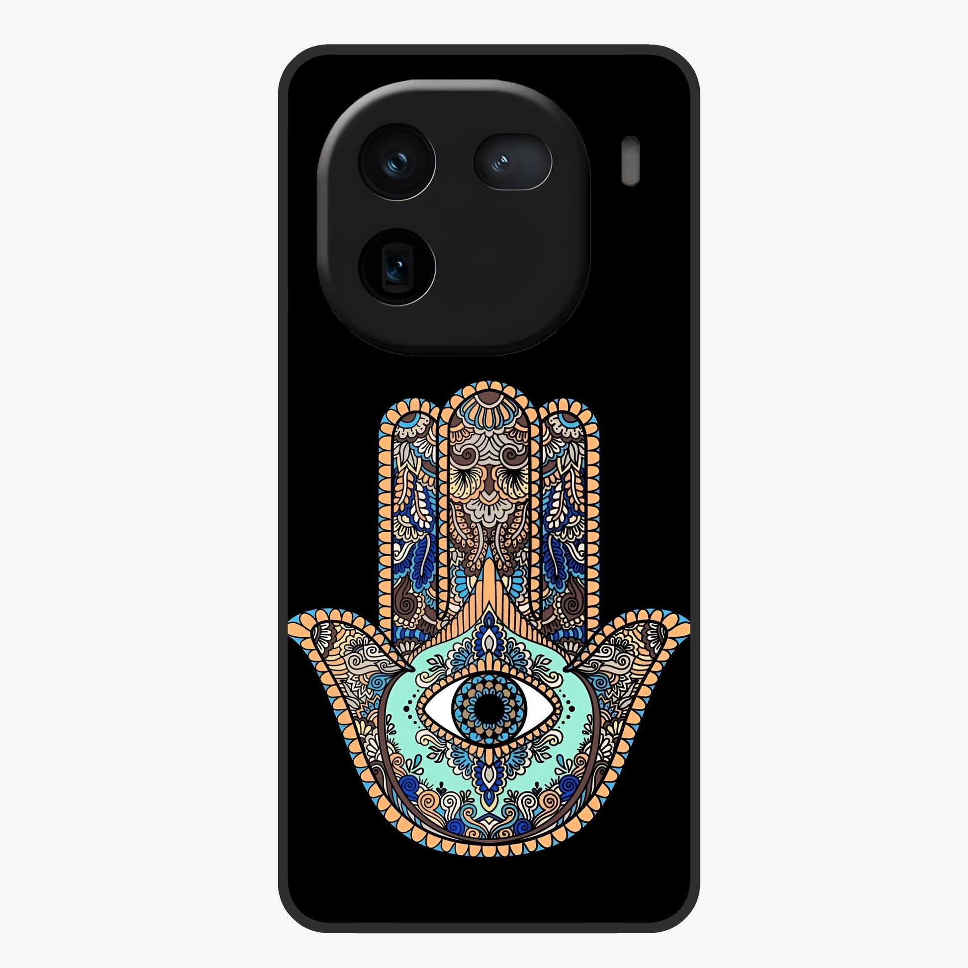 Mystic Hamsa Eye Glass Case showing flat back view with protective hamsa hand and evil eye artwork and glossy glass finish.