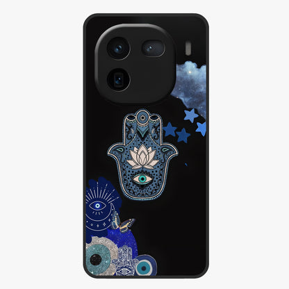 Mystic Hand Aura Glass Case showing flat back view with mystical hand symbol artwork and glossy glass finish.