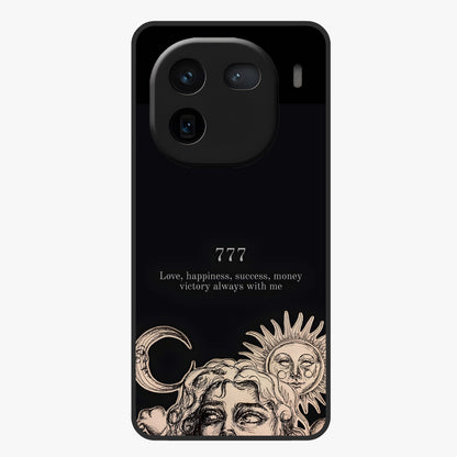 Mystic Victory Aura Glass Case showing flat back view with victory symbol artwork and glossy glass finish.