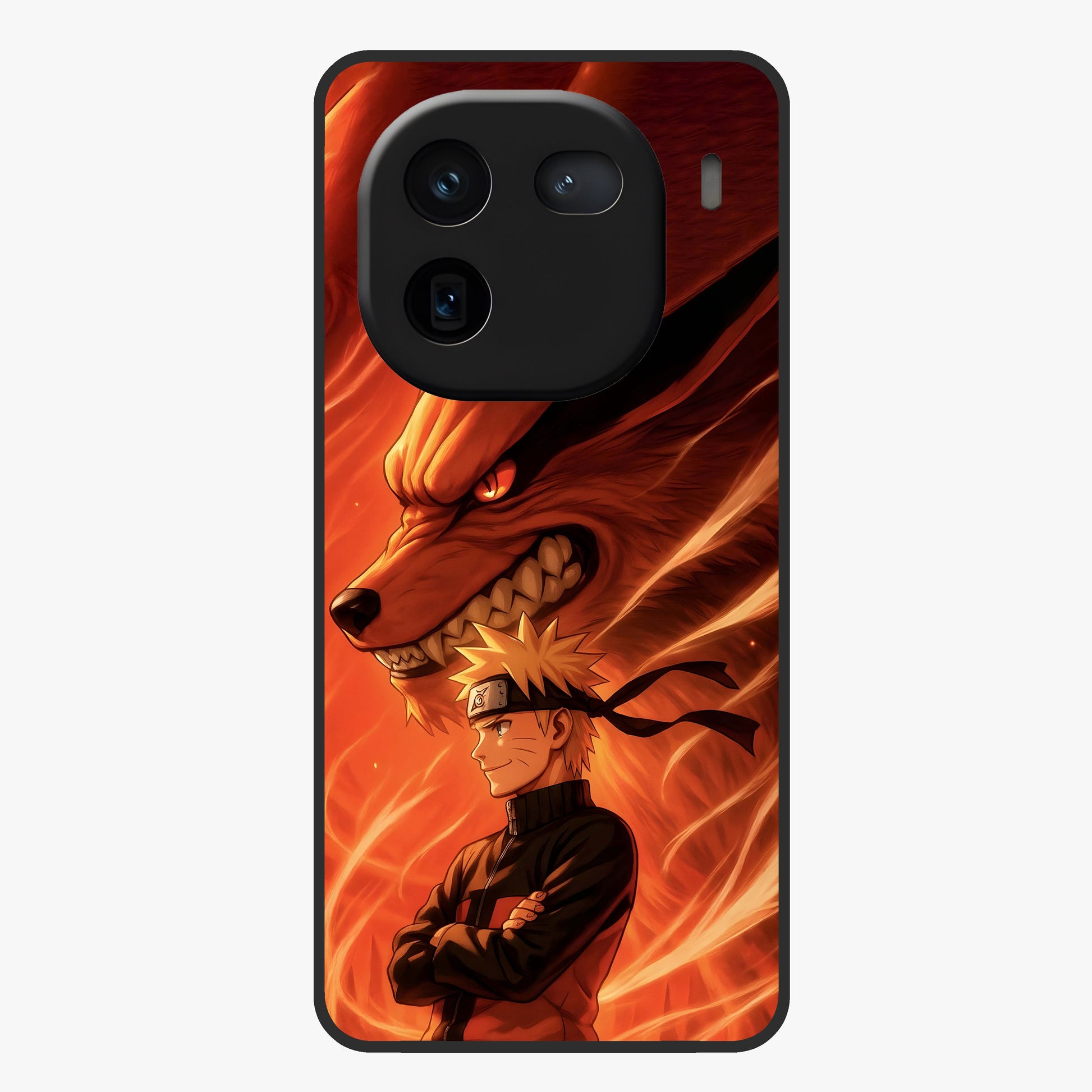 Nine Tails Legacy Glass Case showing flat back view with powerful nine-tailed fox inspired artwork and glossy glass finish.