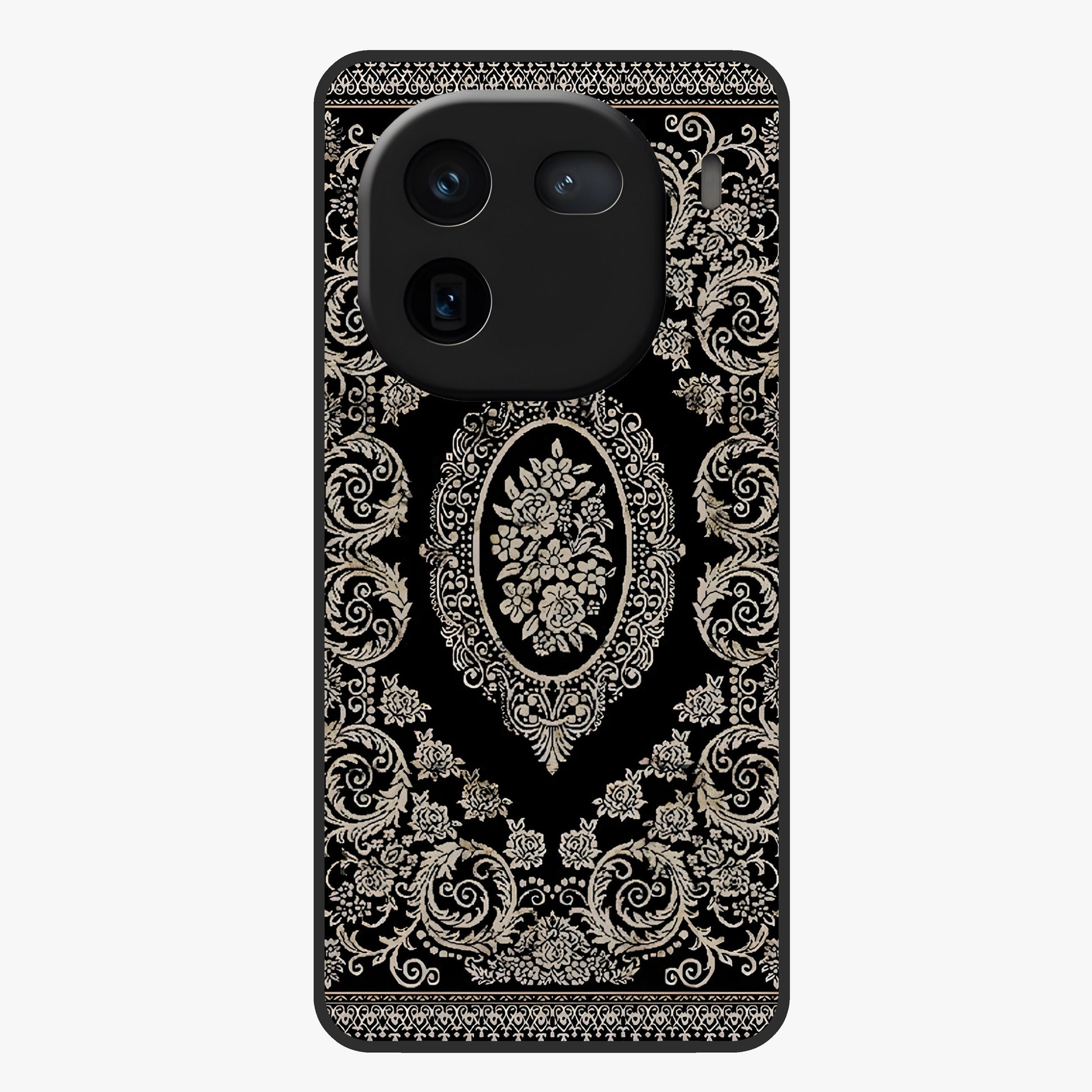 Noir Bloom Elegance Glass Case showing flat back view with elegant dark floral artwork and glossy glass finish.