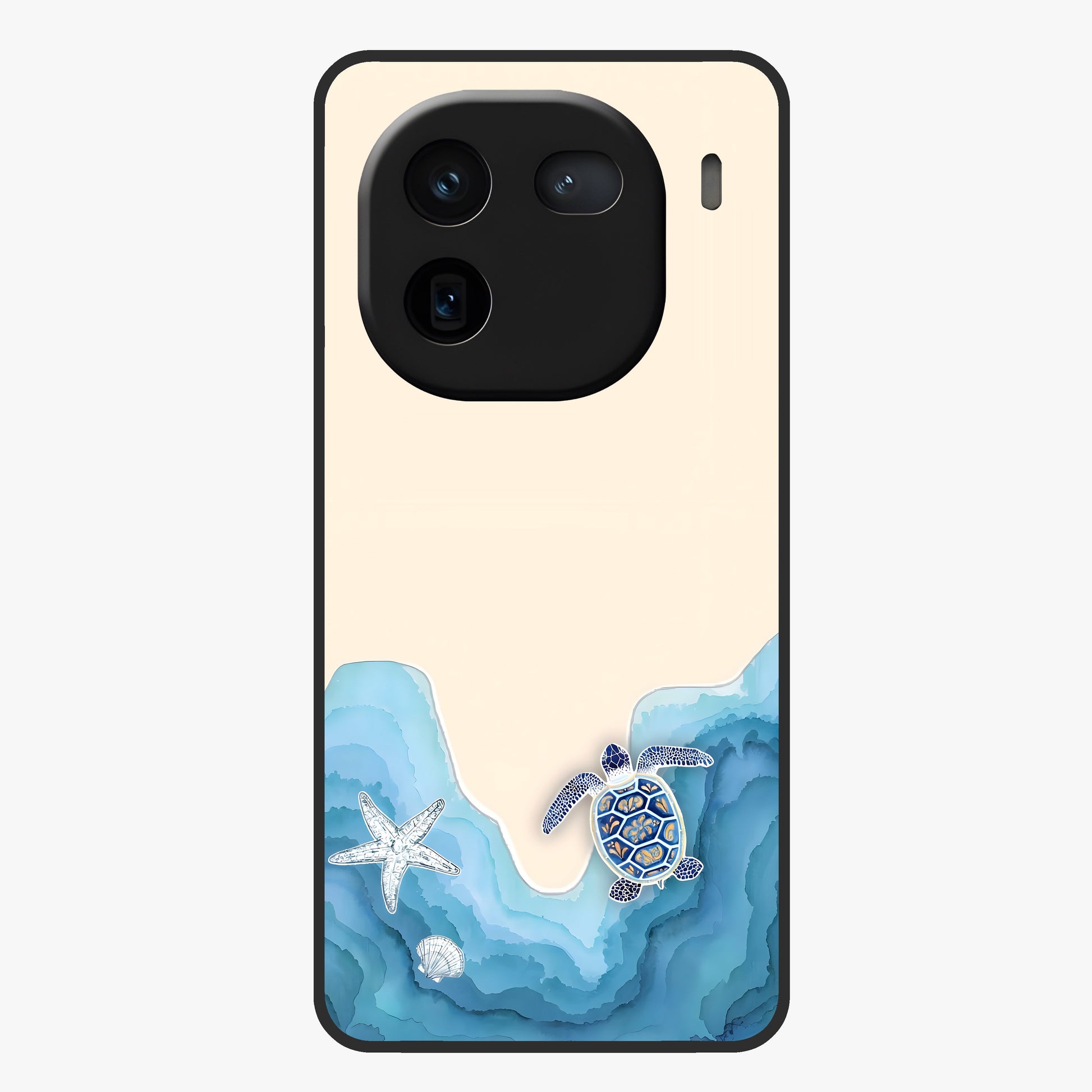 Ocean Drift Turtle Glass Case showing flat back view with sea turtle artwork and glossy glass finish.