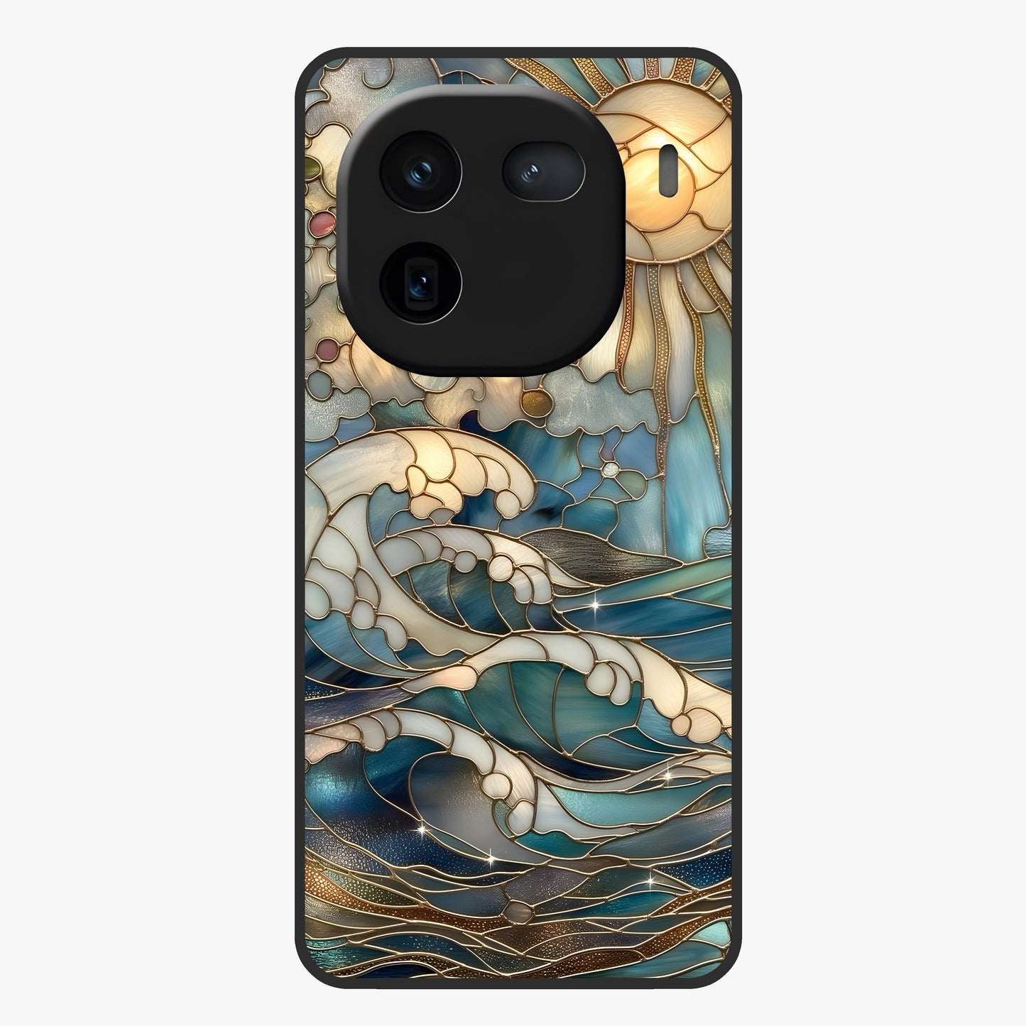 Oceanic Stained Printed Glass Case showing flat back view with ocean inspired stained pattern artwork and glossy glass finish.