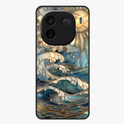 Oceanic Stained Printed Glass Case showing flat back view with ocean inspired stained pattern artwork and glossy glass finish.
