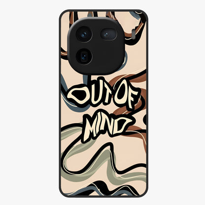 Out Of Mind Glass Case showing flat back view with expressive typography artwork and glossy glass finish.