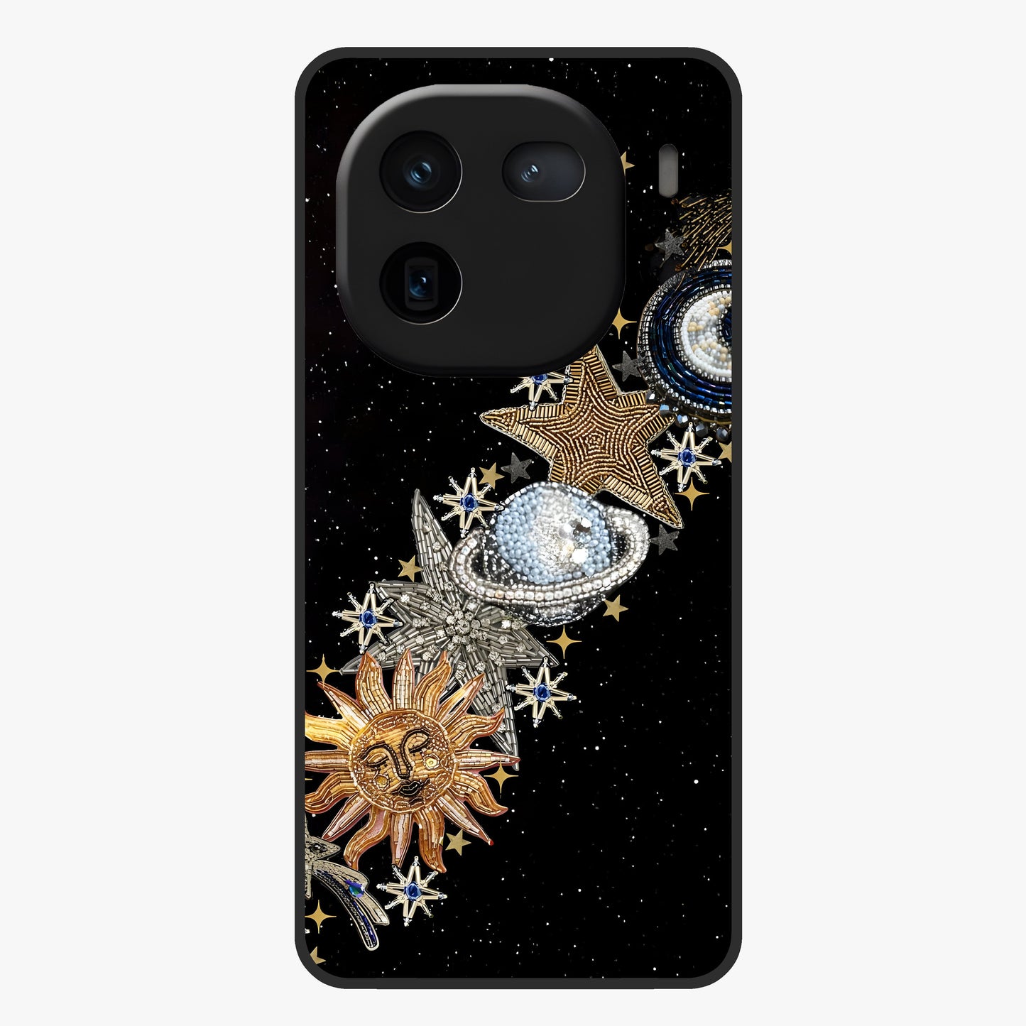 Pearls Universe Object Glass Case showing flat back view with pearl inspired cosmic artwork and glossy glass finish.