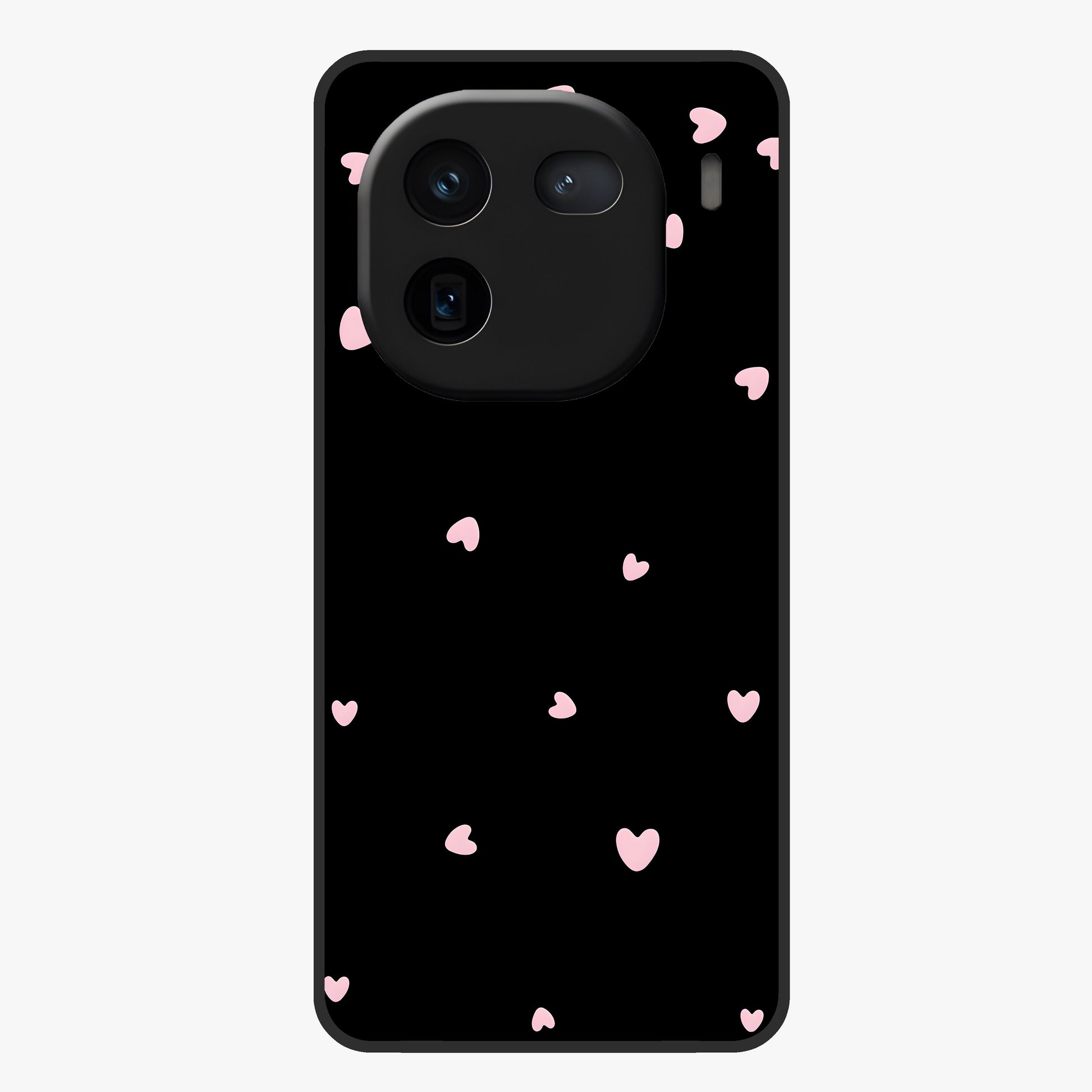 Pink Love Drops Glass Case showing flat back view with playful pink heart drops artwork and glossy glass finish.