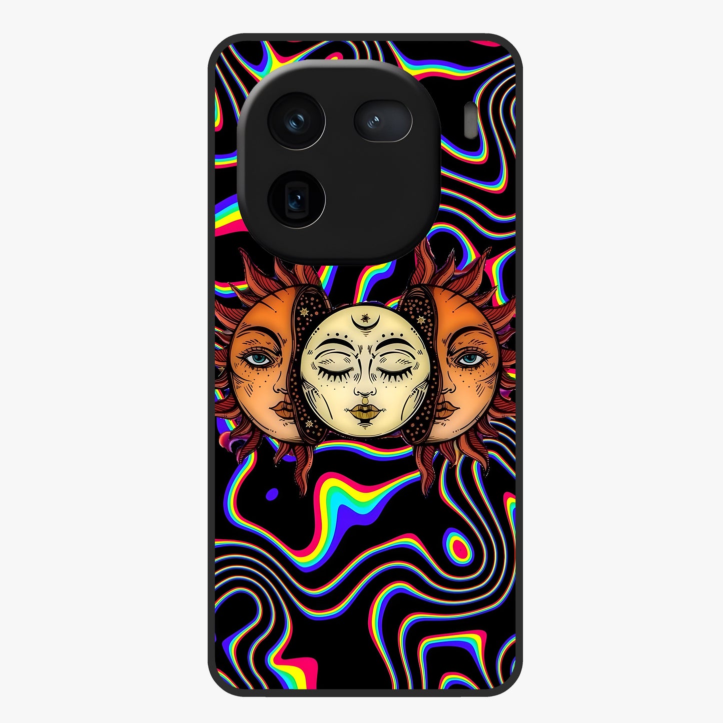 Psychedelic Sun Glass Case showing flat back view with colorful psychedelic sun artwork and glossy glass finish.