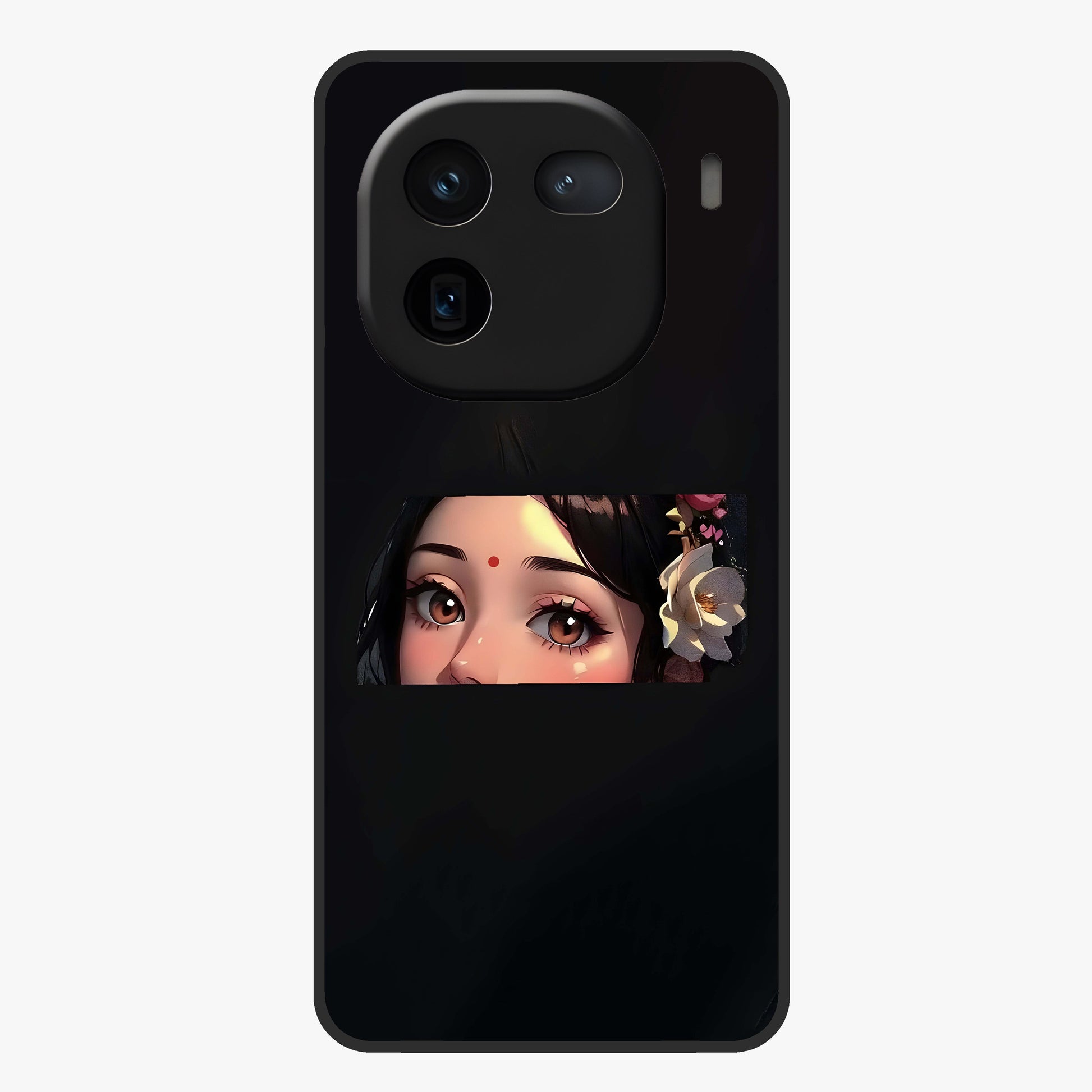 Radha Divine Embrace Glass Case showing flat back view with devotional Radha artwork and glossy glass finish.