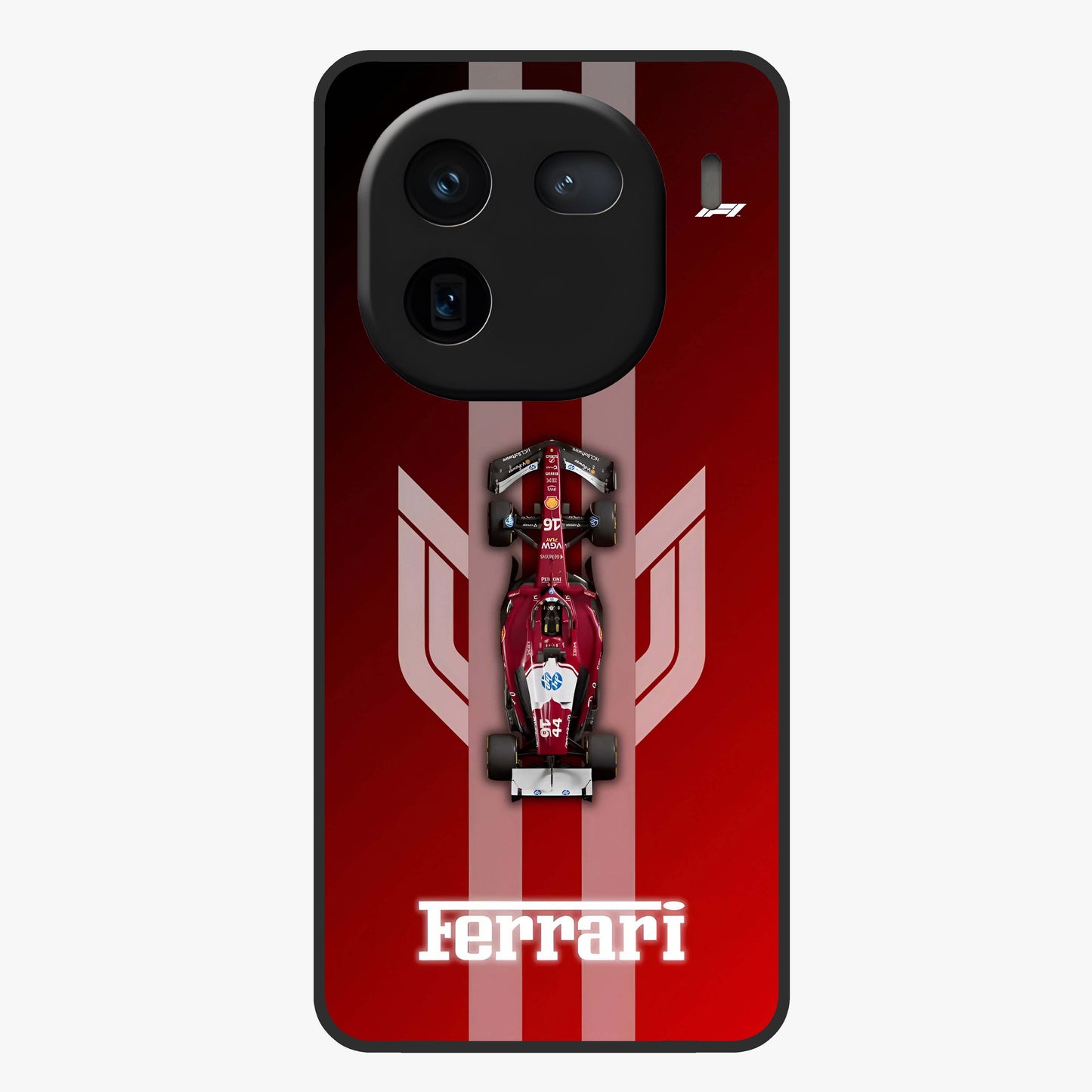 Red Ferrari F1 Vertical Glass Case showing flat back view with sleek Formula racing car artwork and glossy glass finish.