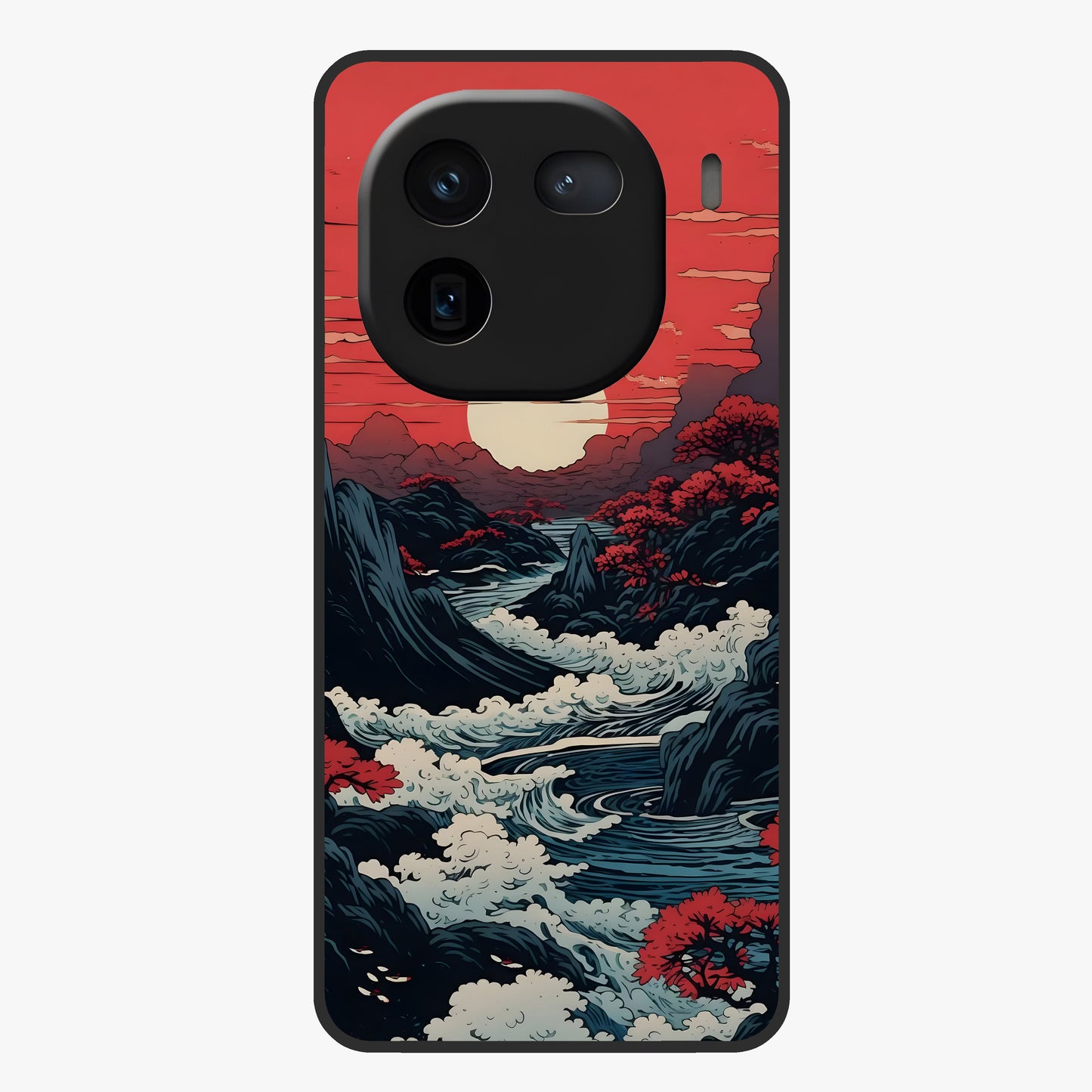 Red Sunset Scenery Glass Case showing flat back view with vibrant sunset landscape artwork and glossy glass finish.
