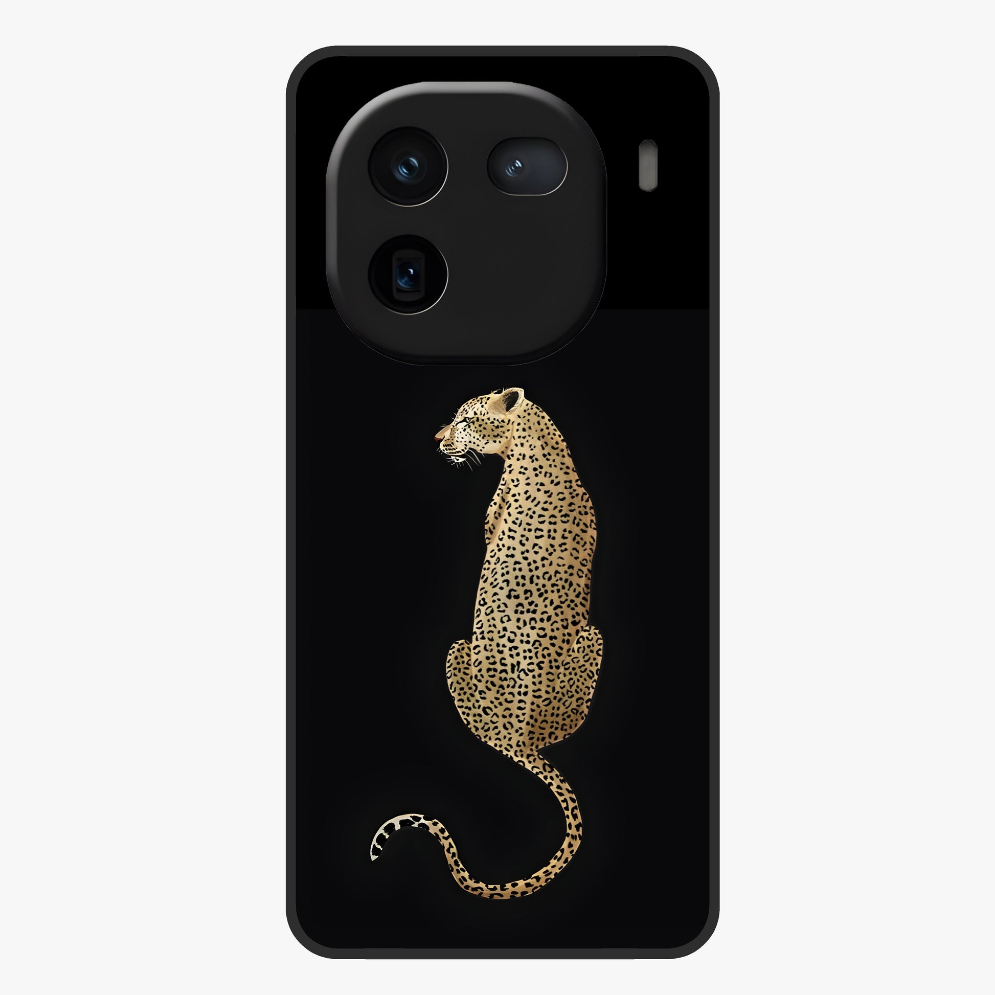 Regal Leopard Glass Case showing flat back view with bold leopard artwork and glossy glass finish.
