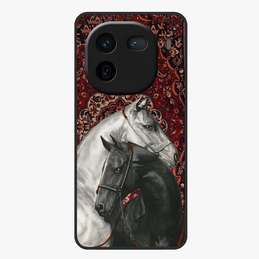Regal Stallion Tapestry Glass Case showing flat back view with majestic horse tapestry artwork and glossy glass finish.