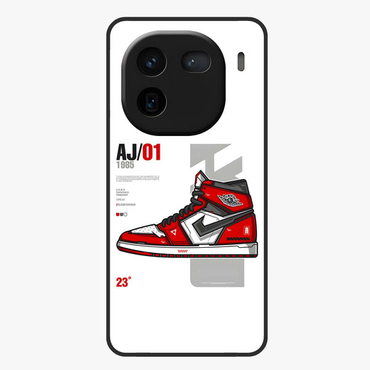 Retro Sneaker Blueprint Glass Case showing flat back view with sneaker blueprint style artwork and glossy glass finish.