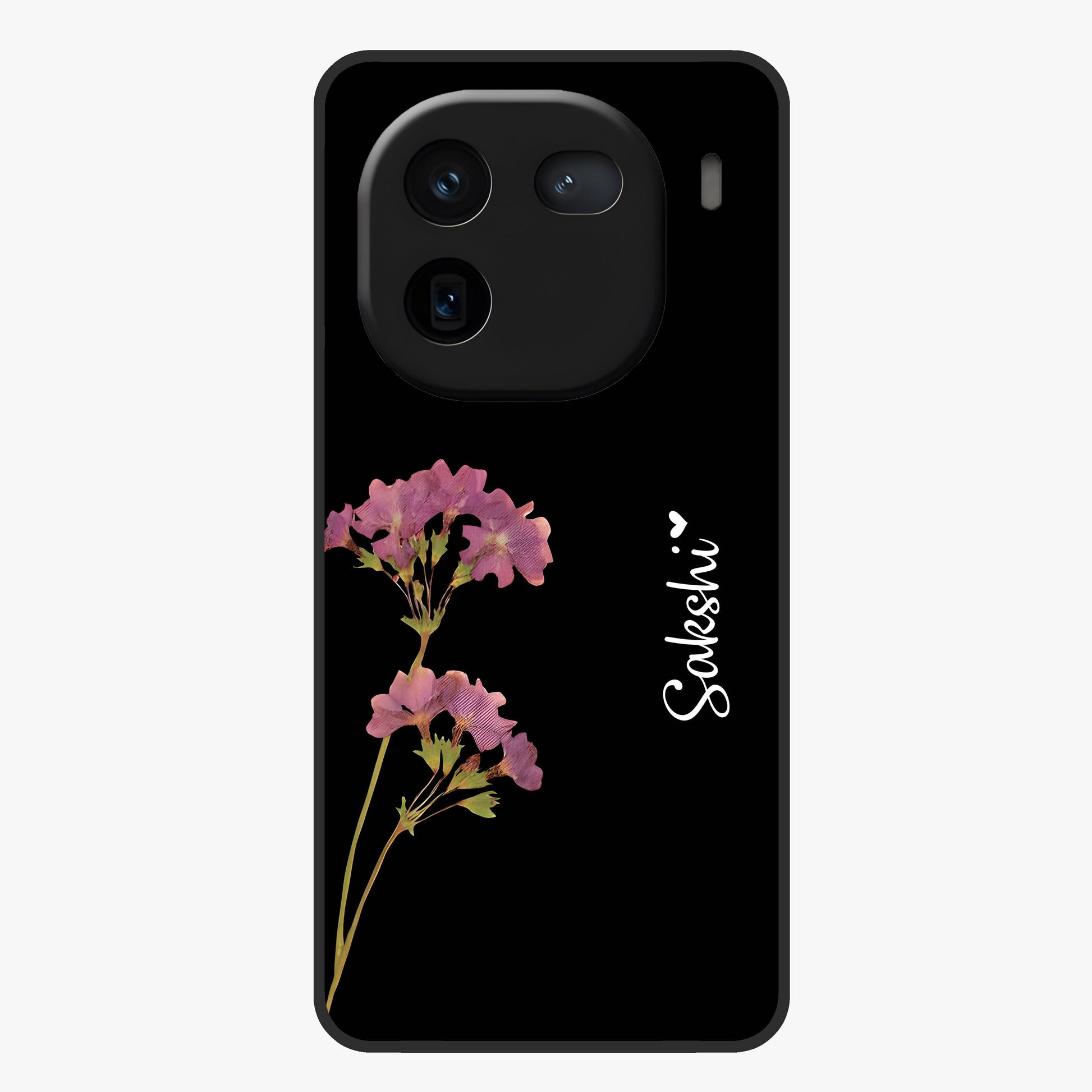 Riching Lavender Flower Custom Name Glass Case showing flat back view with lavender floral artwork and personalized name design.