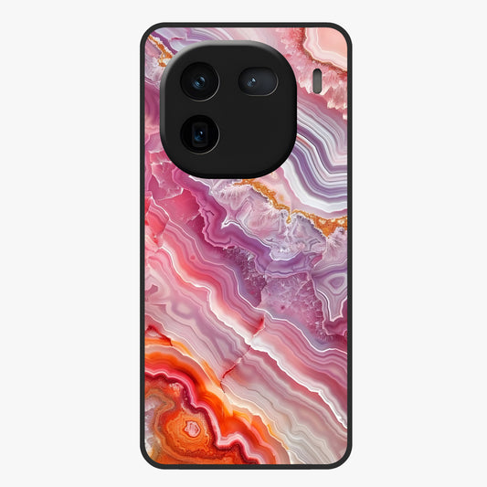 Rose Quartz Marble Glass Case showing flat back view with pink marble quartz texture artwork and glossy glass finish.