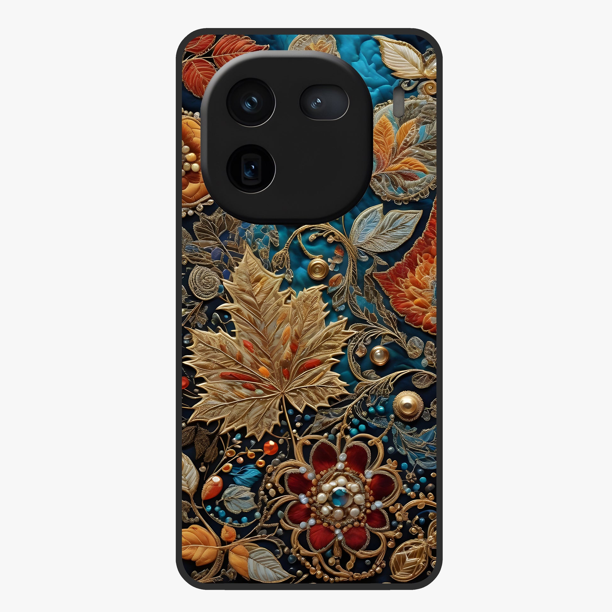 Royal Jewel Garden Glass Case showing flat back view with decorative floral garden artwork and glossy glass finish.