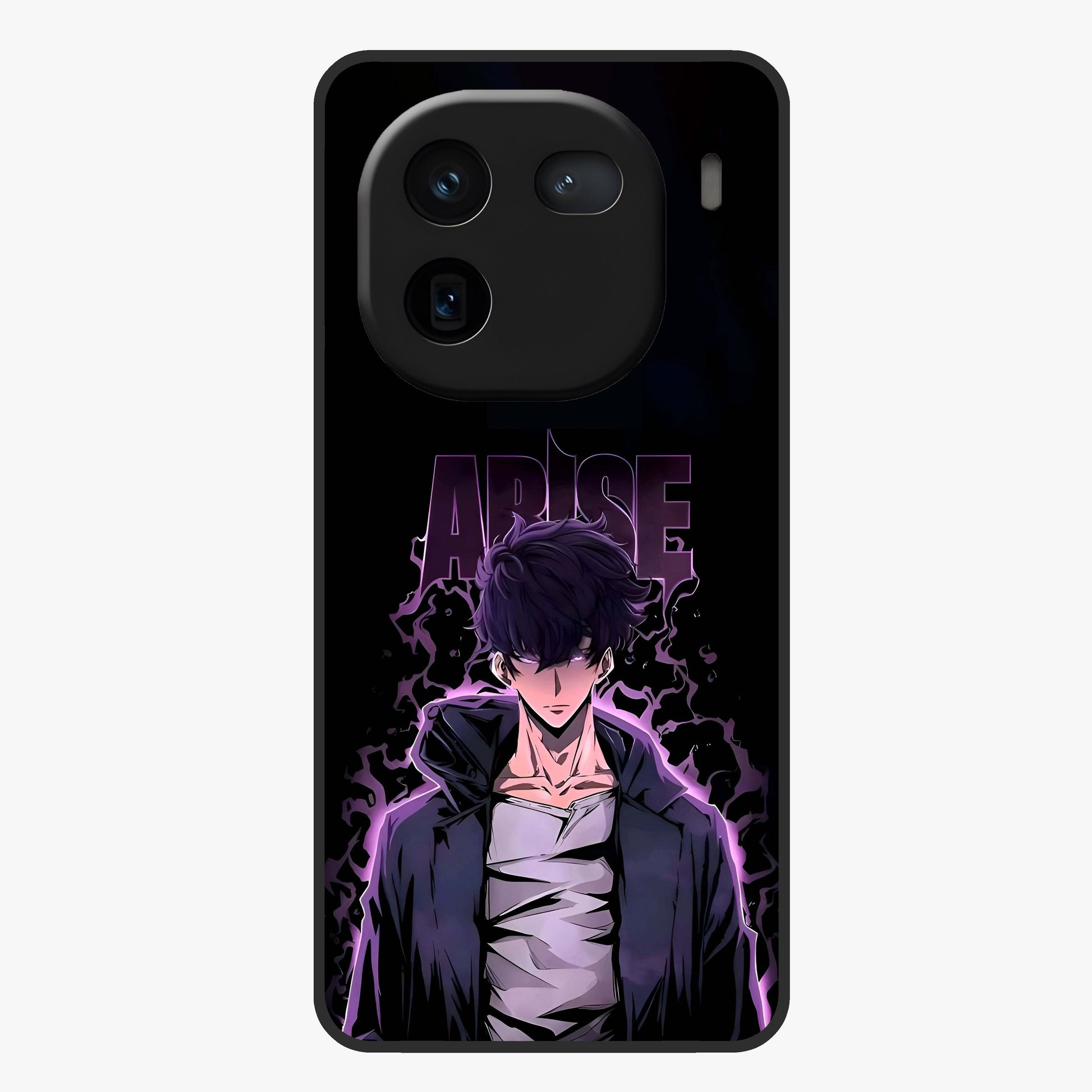 Shadow Monarch Awakening Glass Case showing flat back view with powerful dark monarch themed artwork and glossy glass finish.