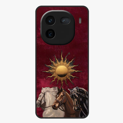 Solar Riders Glass Case showing flat back view with dynamic rider themed artwork and glossy glass finish.