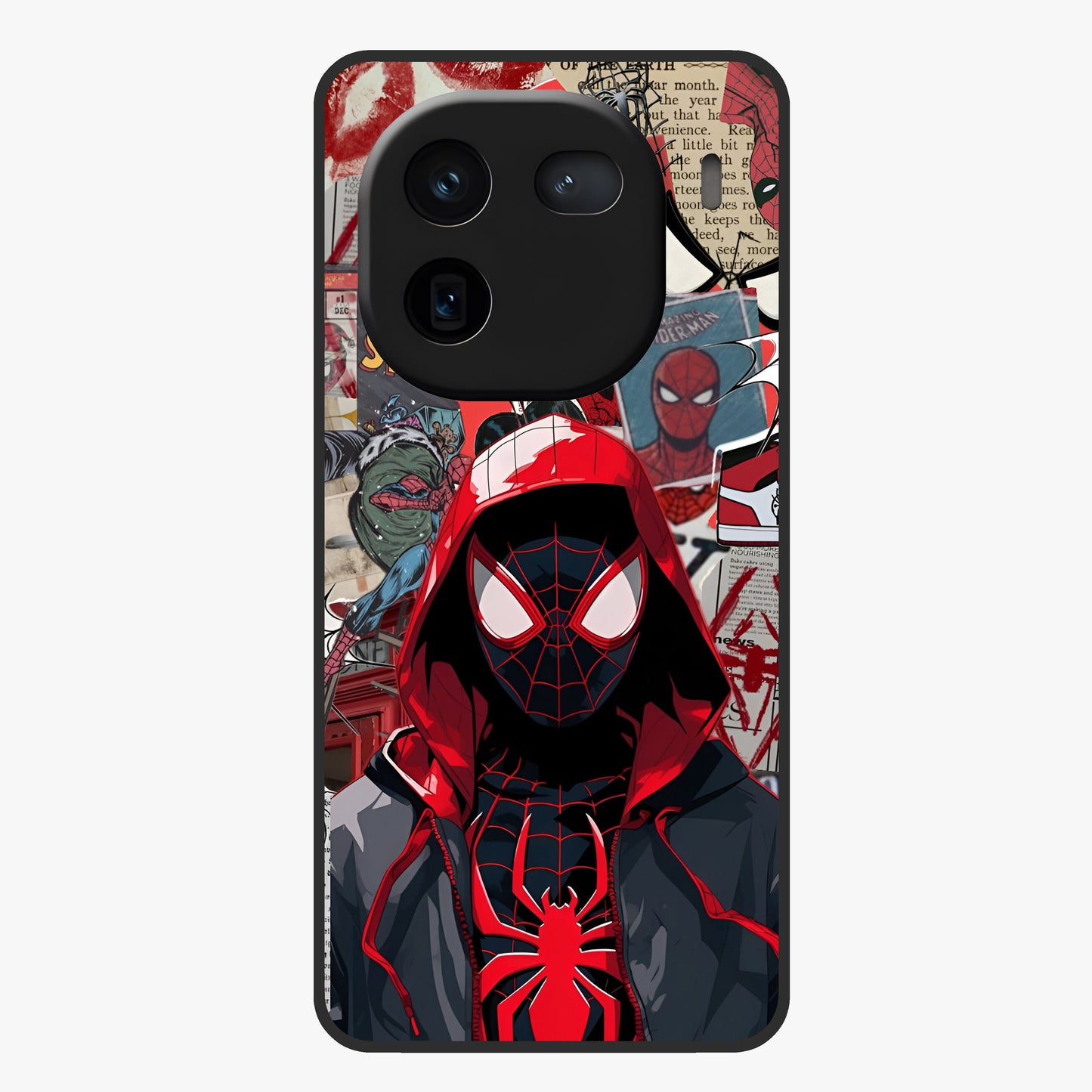 Spider Collage Street Glass Case showing flat back view with vibrant superhero collage artwork and glossy glass finish.