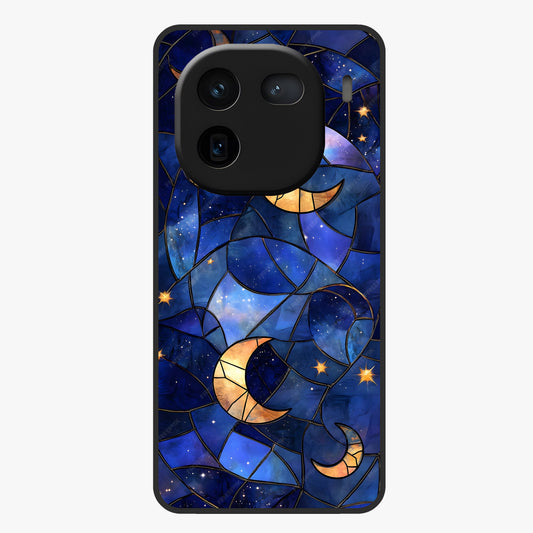 Starlit Sky Tapestry Glass Case showing flat back view with decorative starry sky tapestry artwork and glossy glass finish.