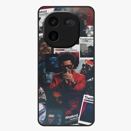 The Weeknd Glass Case showing flat back view with music inspired artistic portrait artwork and glossy glass finish.