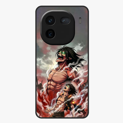 Titan Awakening Fury Glass Case showing flat back view with powerful titan inspired artwork and glossy glass finish.