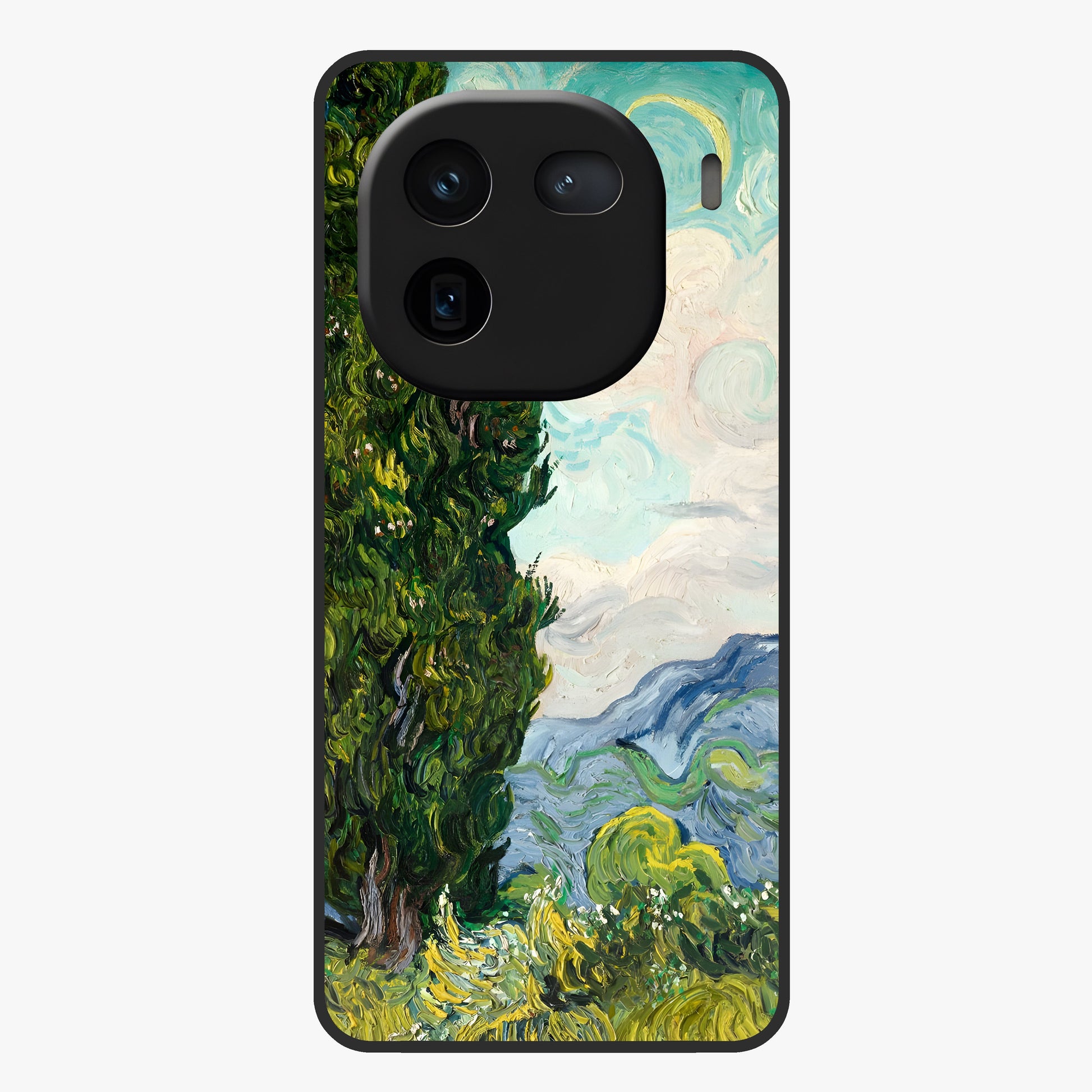 Van Gogh Vintage Art Glass Case showing flat back view with vintage painterly artwork inspired by Van Gogh style and glossy glass finish.