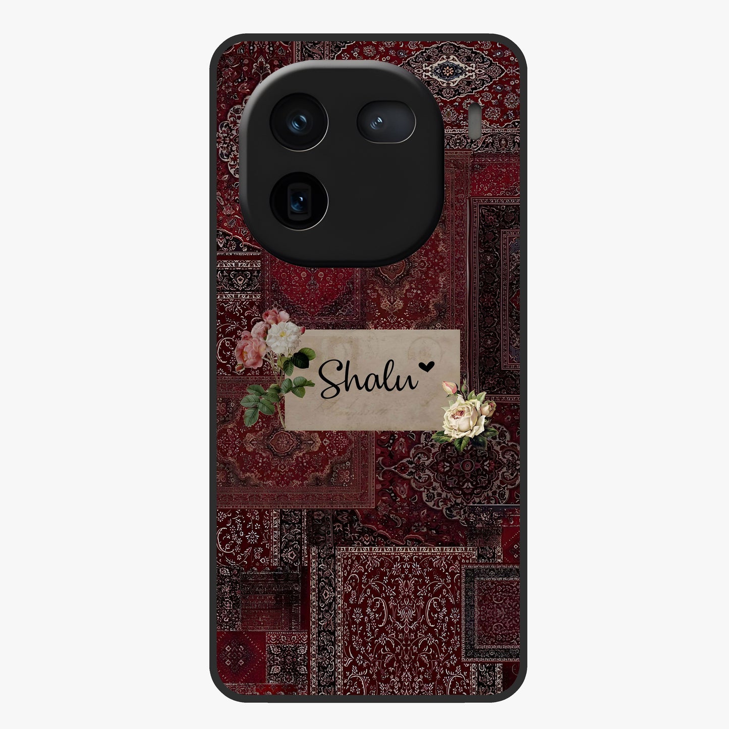 Velvet Wine Pattern Custom Name Glass Case showing flat back view with elegant wine colored pattern artwork and personalized name design.