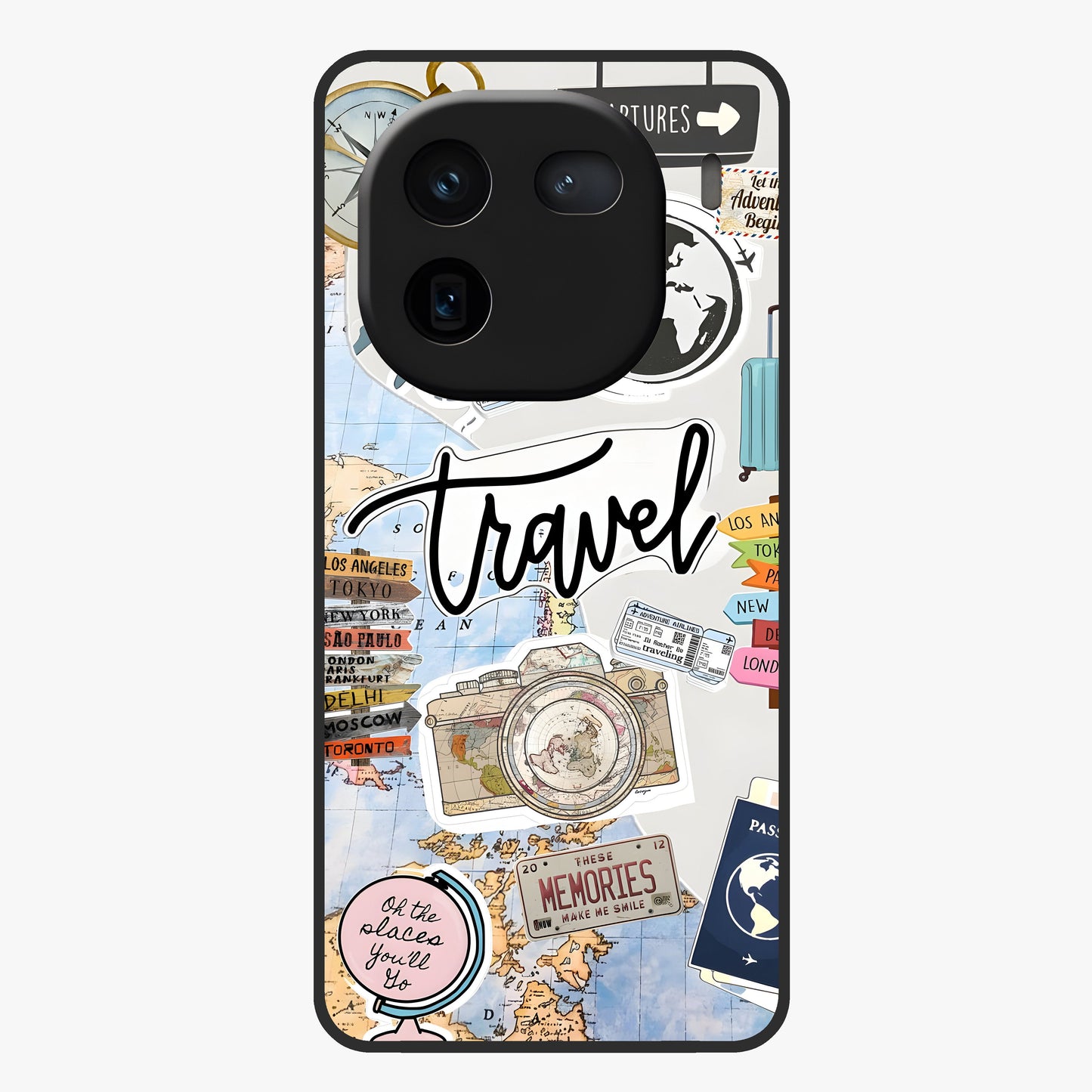 Wanderlust Journal Glass Case showing flat back view with travel inspired artwork and glossy glass finish.