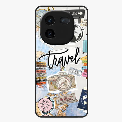Wanderlust Journal Glass Case showing flat back view with travel inspired artwork and glossy glass finish.