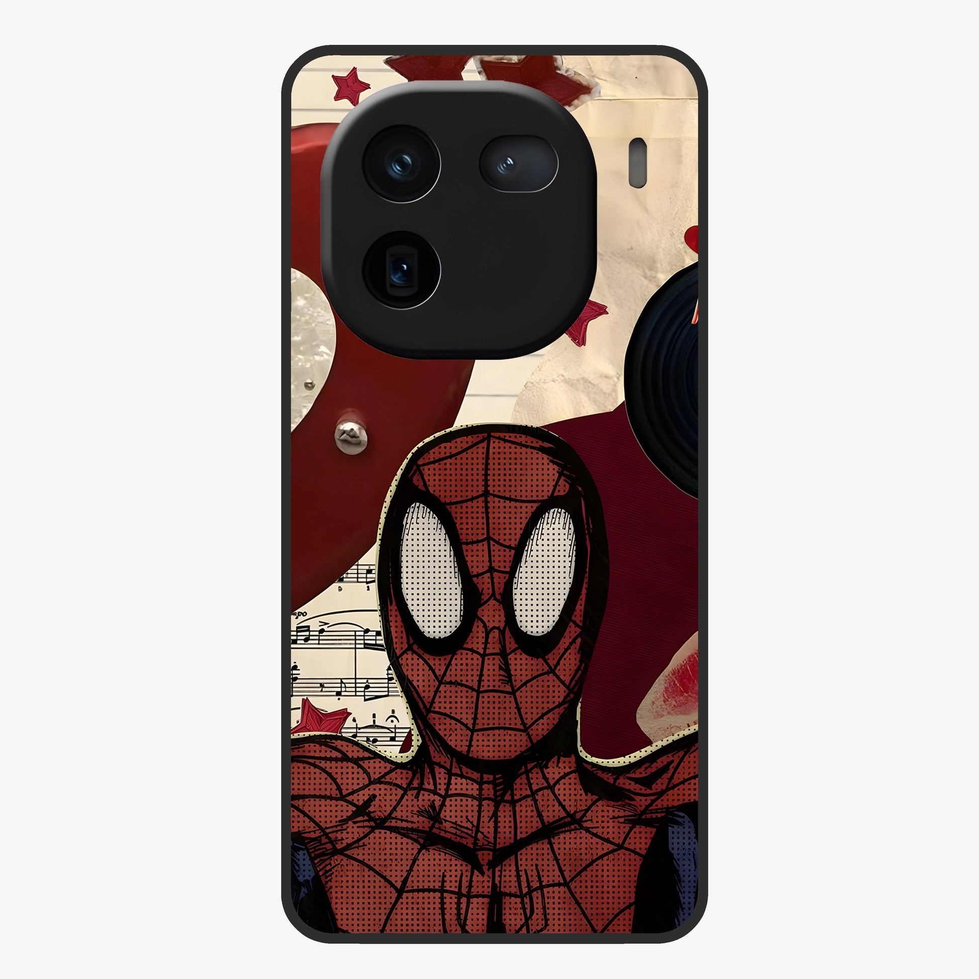 Web Warrior Vibes Glass Case showing flat back view with superhero inspired web themed artwork and glossy glass finish.