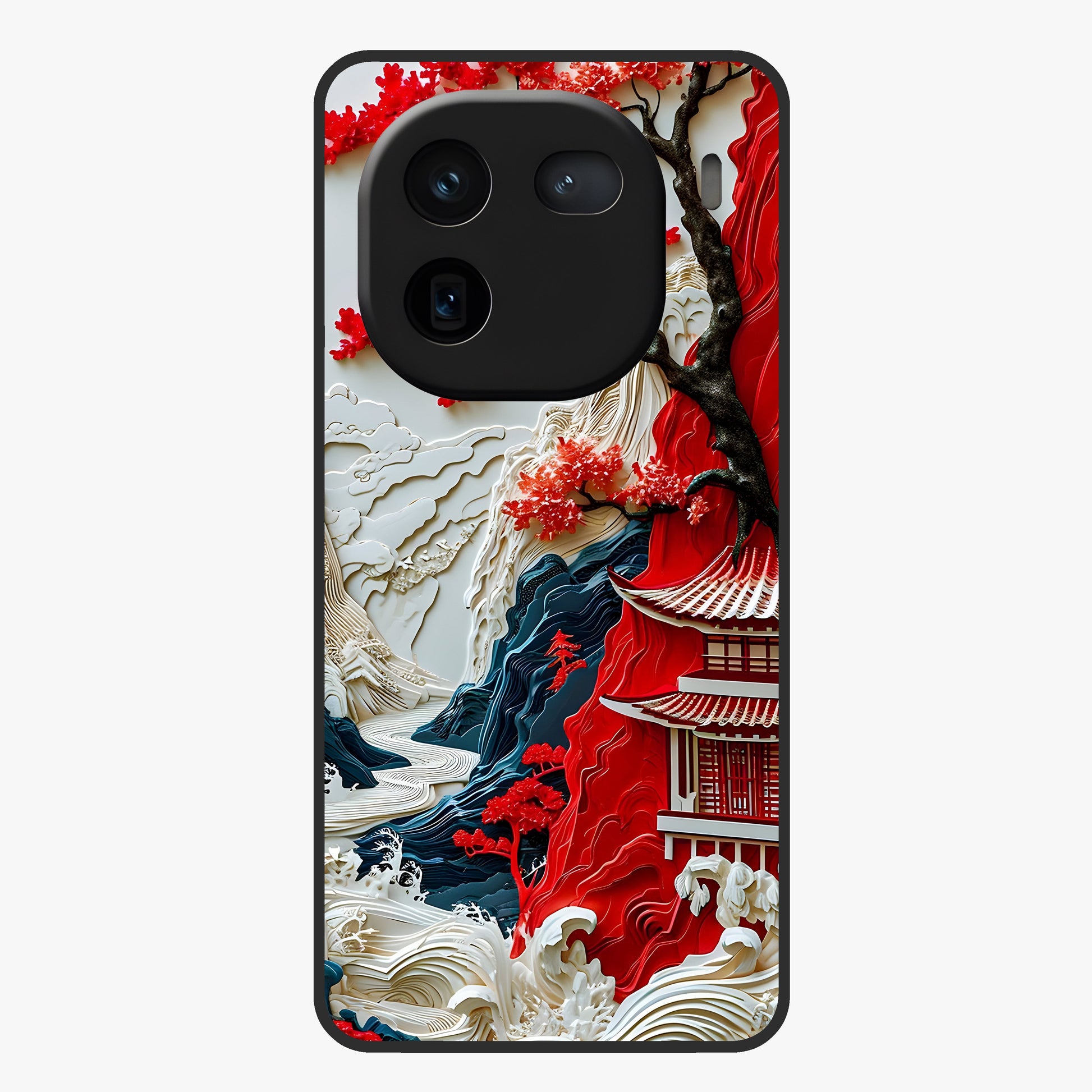 Whispers Of Sakura Waves Glass Case showing flat back view with cherry blossom wave artwork and glossy glass finish.