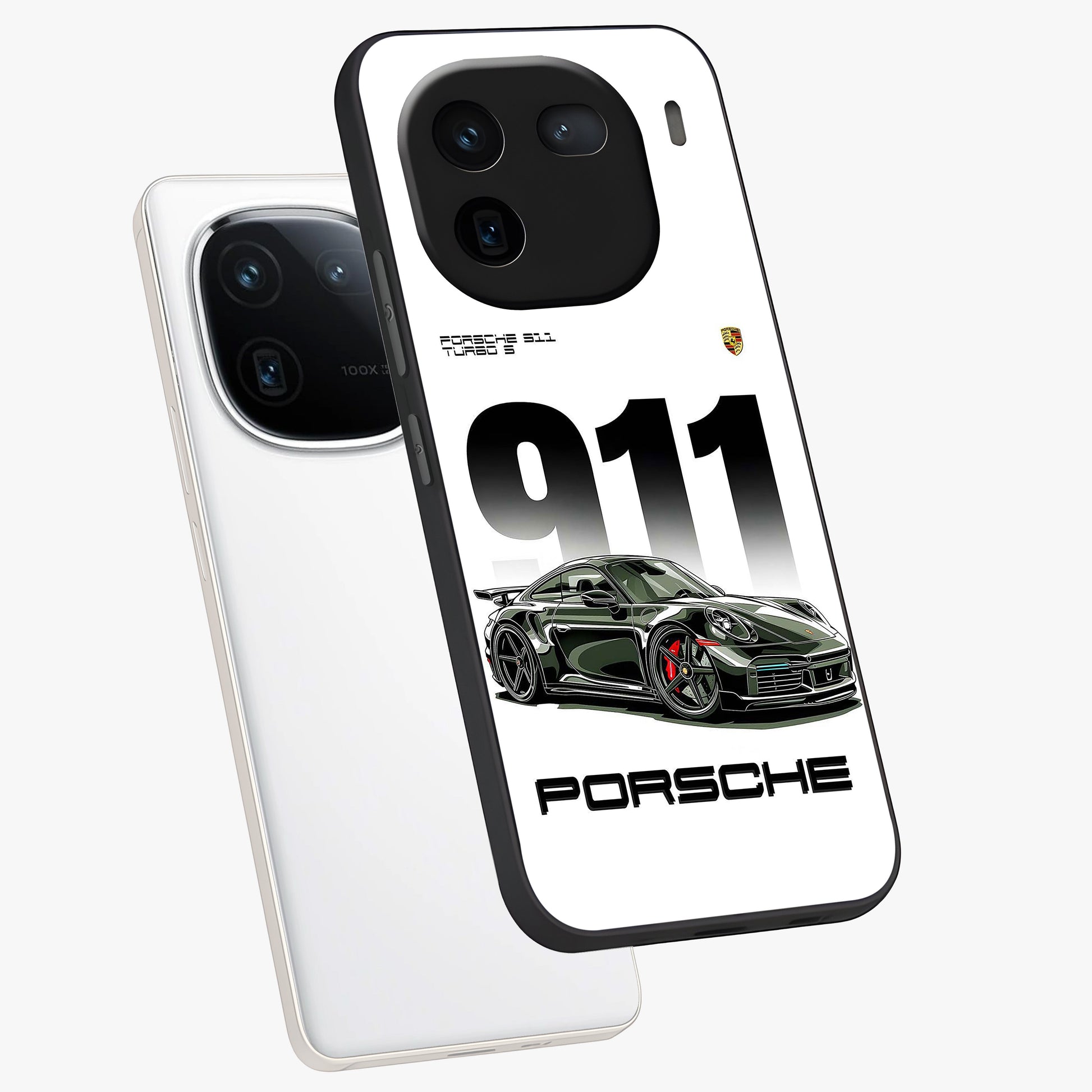 911 Turbo Dominance Glass Case displayed in premium angled mockup highlighting sporty car illustration and sleek glass surface.