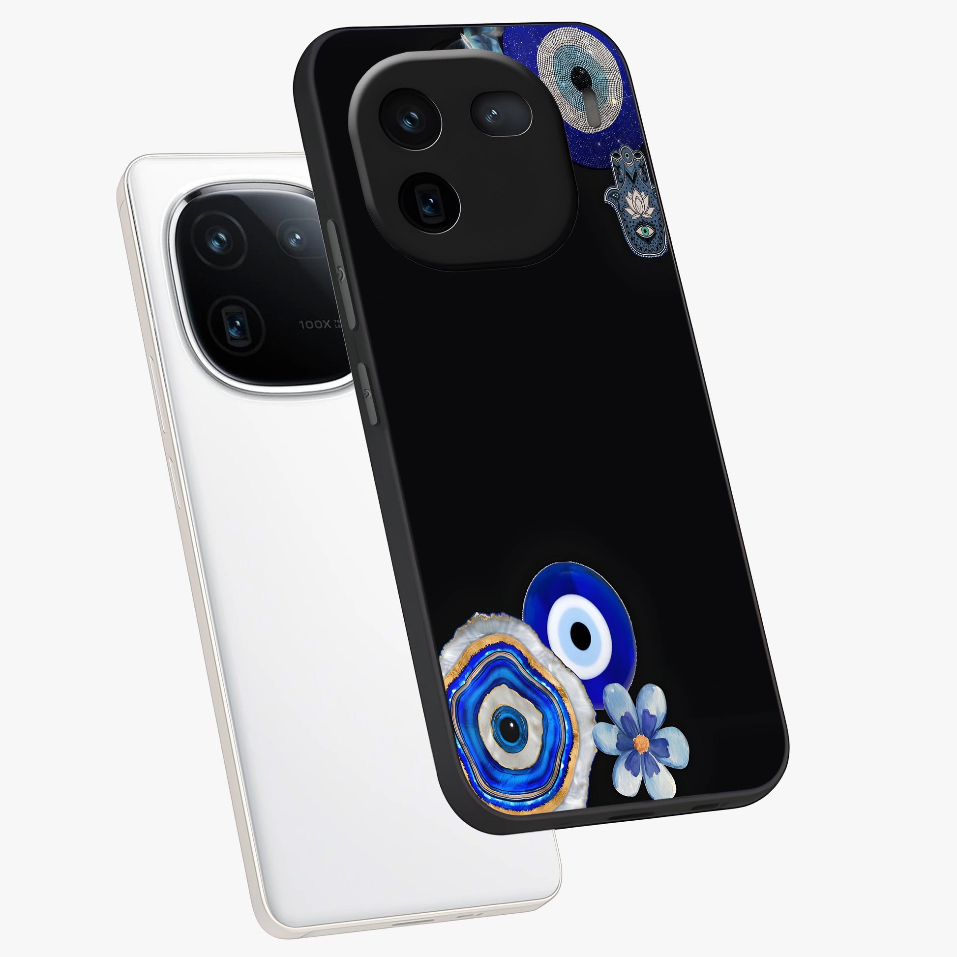 Aesthetic Blue Evil Eye Glass Case displayed in angled mockup highlighting blue evil eye symbol and spiritual aesthetic design.