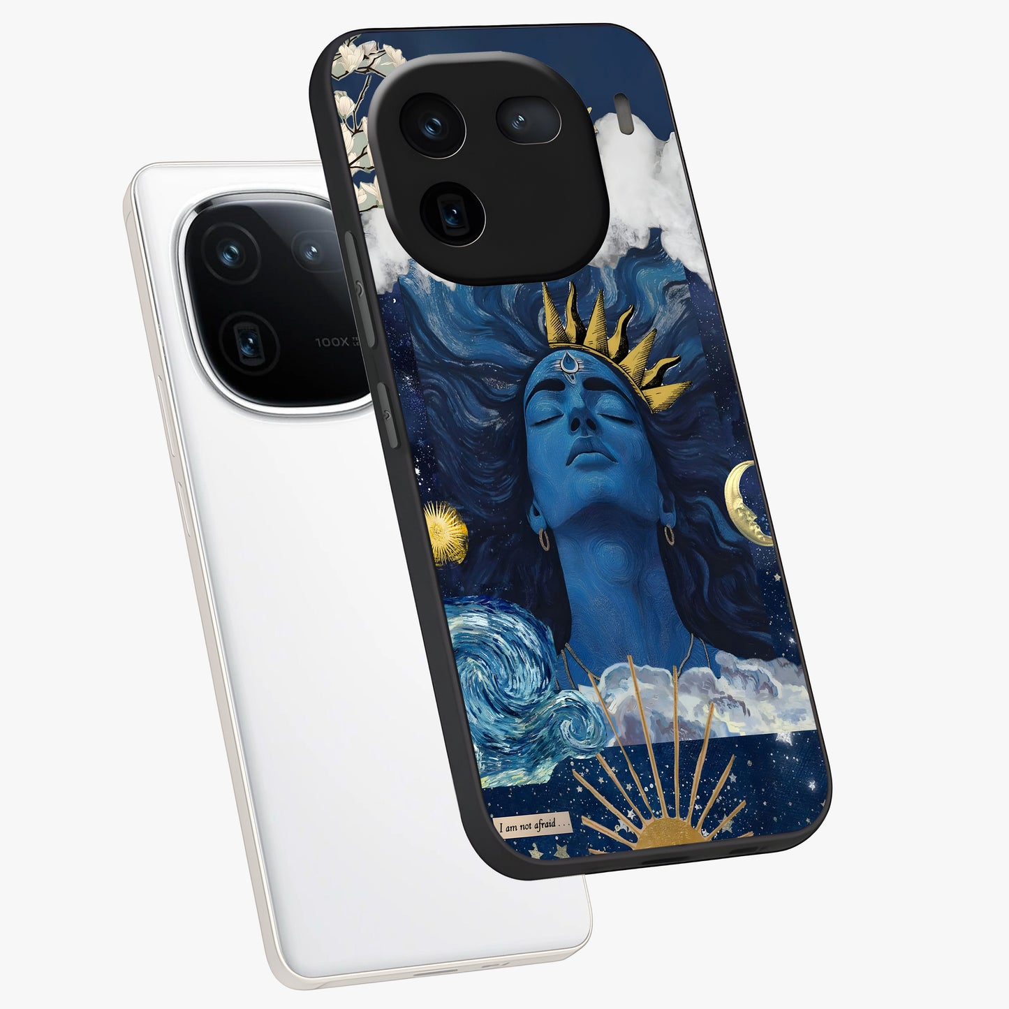 Aesthetic Lord Shiva Glass Case displayed in angled mockup highlighting spiritual Shiva illustration and sacred aesthetic design.