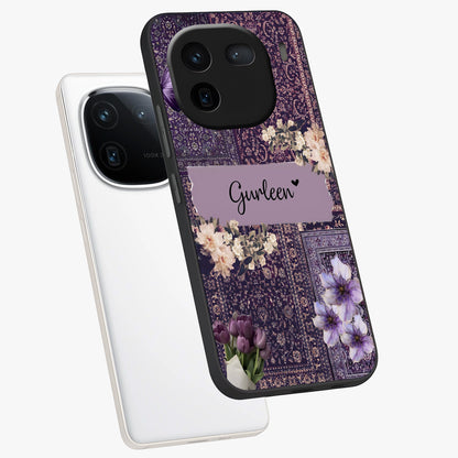 Antique Floral Whisper Custom Name Glass Case displayed in angled mockup highlighting elegant antique floral aesthetic.