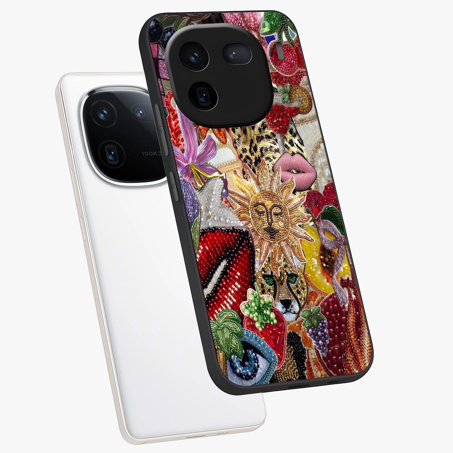 Beaded Fashion Jungle Glass Case displayed in angled mockup highlighting colorful fashion bead design and artistic pattern.