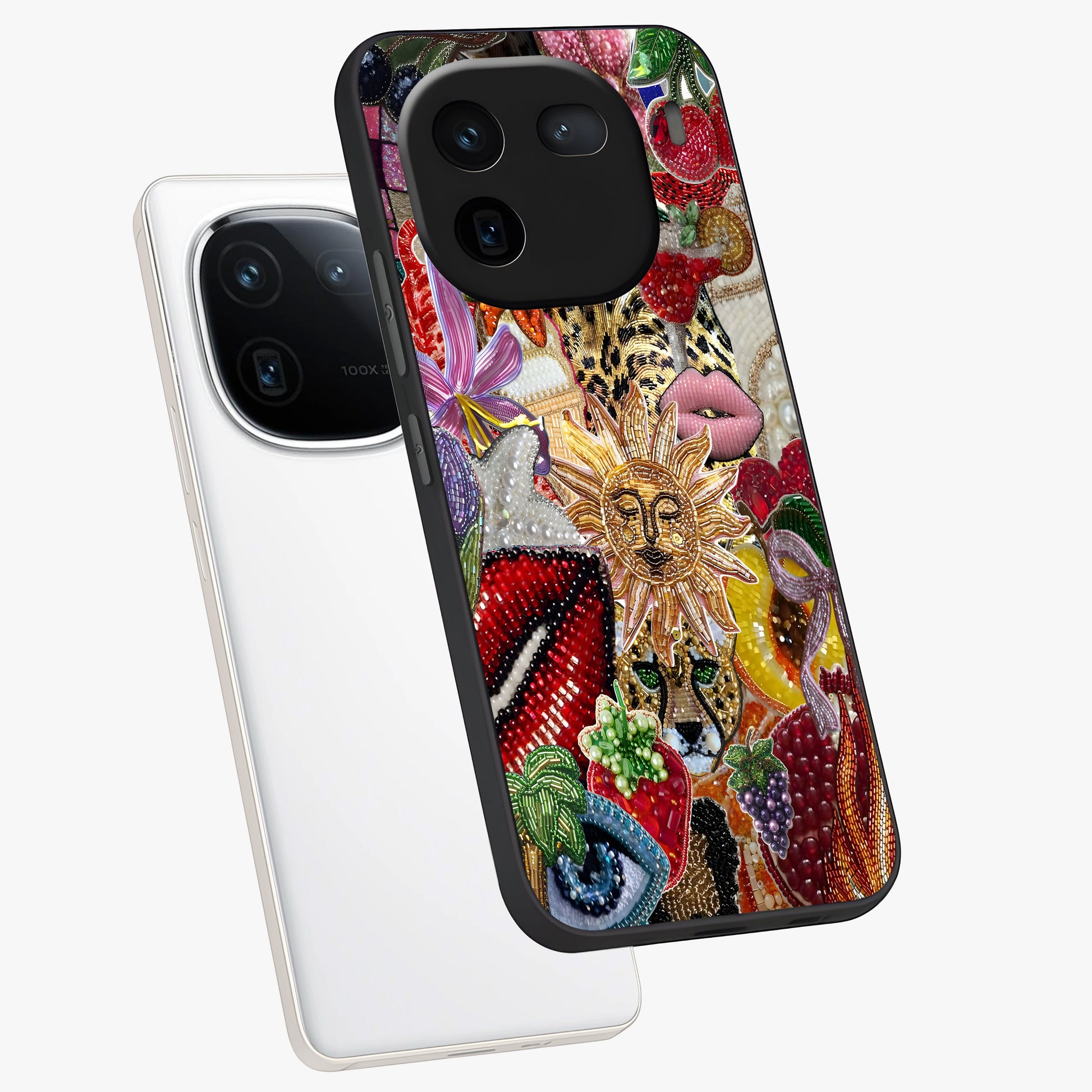 Beaded Fashion Jungle Glass Case displayed in angled mockup highlighting colorful fashion bead design and artistic pattern.