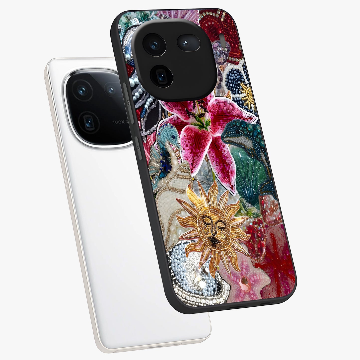 Beaded Garden Fantasy Glass Case displayed in angled mockup highlighting fantasy inspired floral bead pattern.